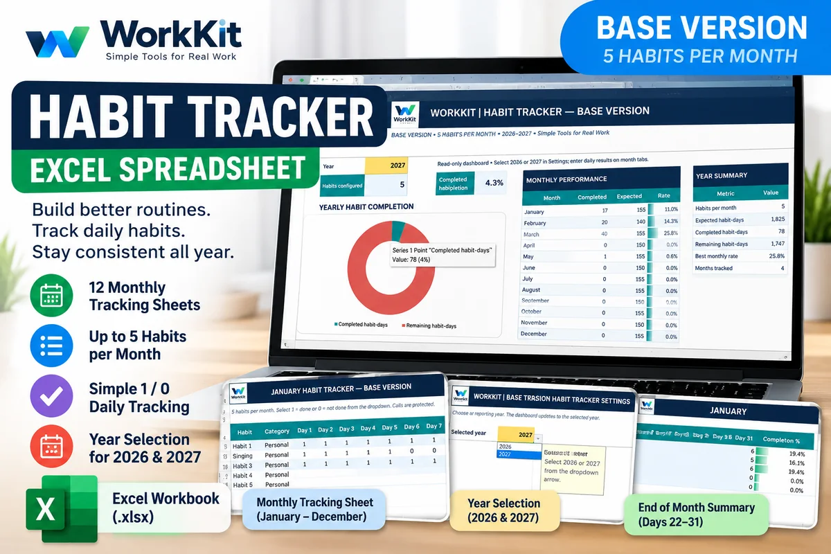 WorkKit Habit Tracker Free Excel cover showing simple daily habit tracking, five habits per month, and a yearly overview